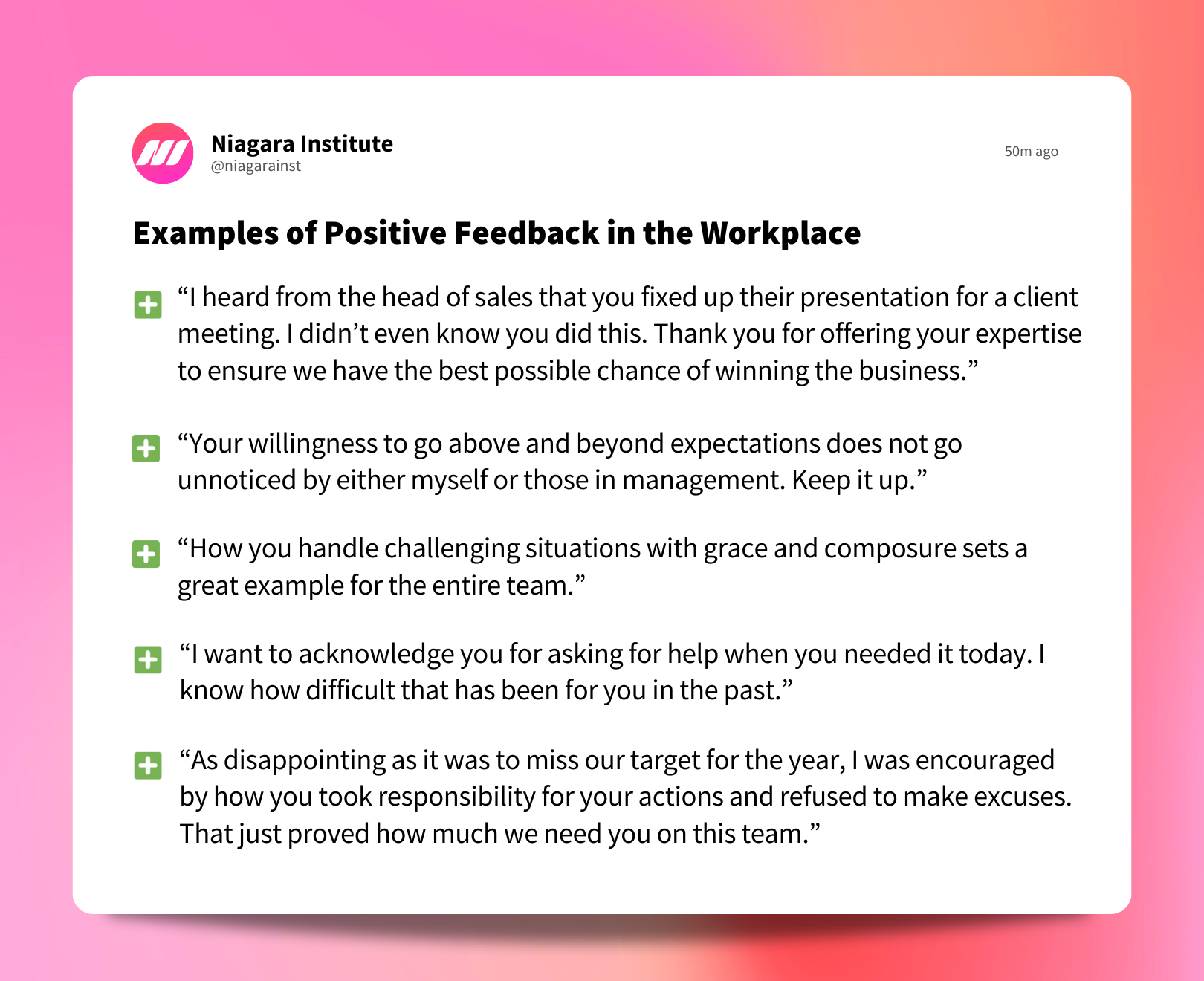 Examples of Positive Feedback in the Workplace - Niagara Institute