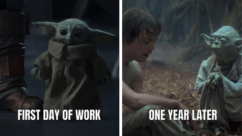 First Day of Work vs One Year Later Job Meme