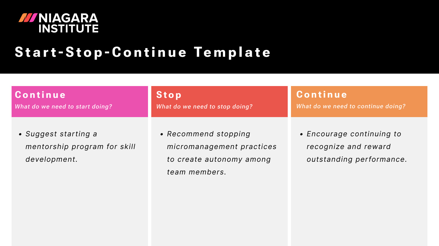 start stop continue feedback examples for managers