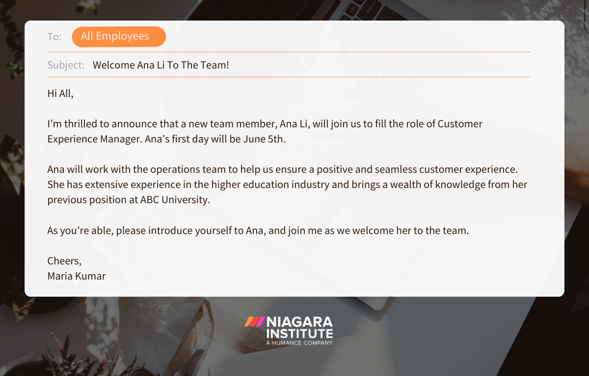 welcome to the team email example